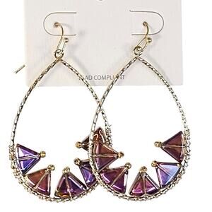 Colorful Glass Triangle Drop Earrings Gold Teardrop Wire Hook Statement Boho 2"
